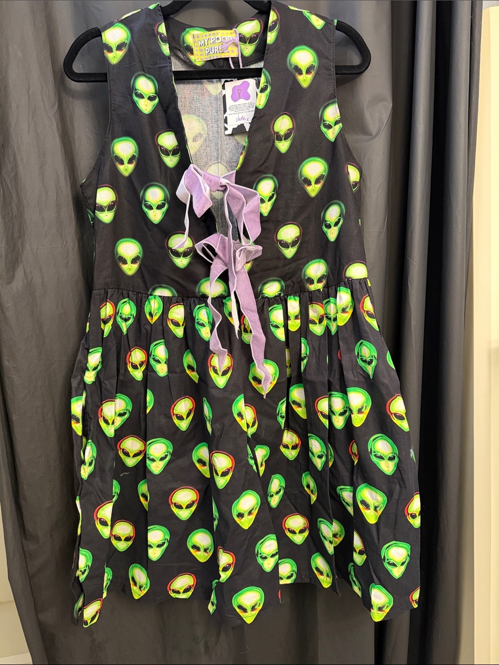 My Poor Purse Alien Print Black Sleeveless Dress with Lavender Tie